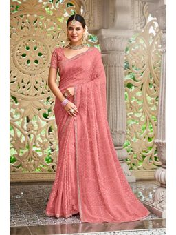 Laxmipati Sarees - Peach Brasoo Printed- Lace Border Saree with Unstitched Blouse