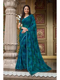 Laxmipati Sarees - Blue Chiffon Printed Lace Border Saree with Unstitched Blouse