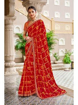 Laxmipati Sarees - Red Chiffon Bandhani Print Lace Border Saree with Unstitched Blouse