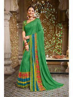 Laxmipati Sarees - Green Chiffon Foil Print Sequined Border Saree with Unstitched Blouse