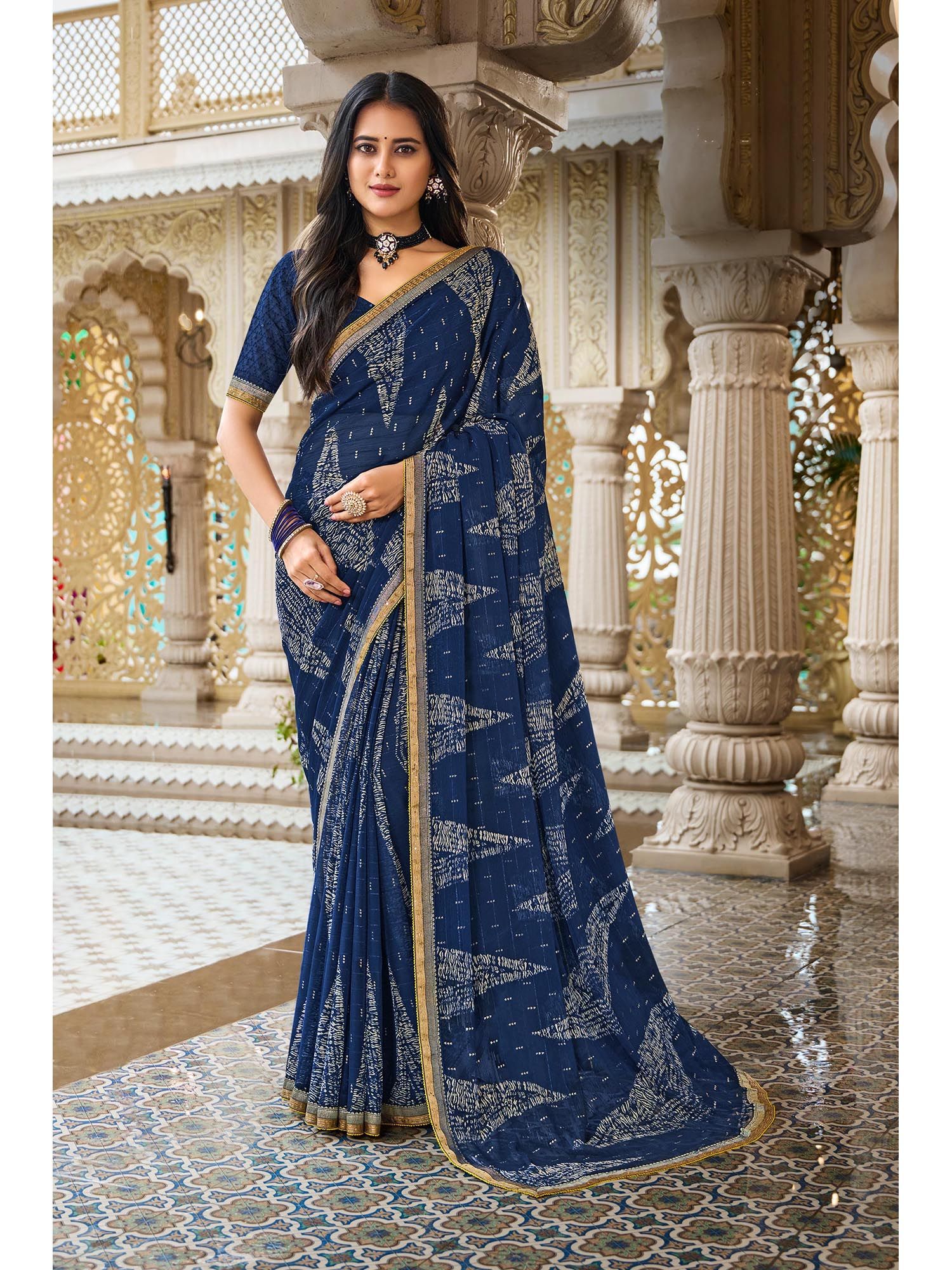 Buy Laxmipati Sarees Navy Blue Chiffon Printed Lace Border Saree