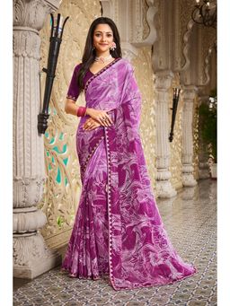 Laxmipati Sarees - Pink Chiffon Floral Print- Sequined Border Saree with Unstitched Blouse