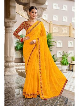 Laxmipati Sarees - Yellow Chiffon Printed- Gotta Patti Saree with Unstitched Blouse