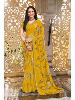 Laxmipati Sarees - Yellow Georgette Floral Printed Lace Border Saree with Unstitched Blouse