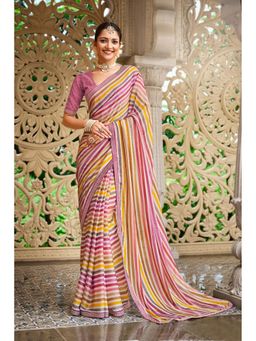 Laxmipati Sarees - Multi-Color Chiffon Stripes Print Saree with Unstitched Blouse