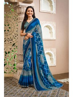 Laxmipati Sarees - Blue Chiffon Printed Lace Border Saree with Unstitched Blouse