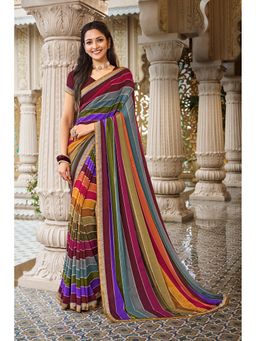 Laxmipati Sarees - Multi-Color Georgette Stripes Print Sequined Border Saree with Unstitched Blouse