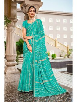 Laxmipati Sarees - Green Chiffon Printed Mirror Work Saree with Unstitched Blouse