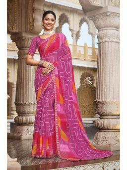 Laxmipati Sarees - Chiffon Pink Printed Lace Border Saree with Unstitched Blouse