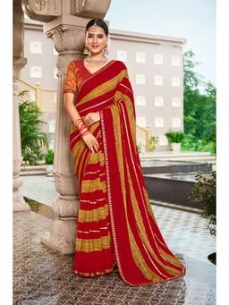 Laxmipati Sarees - Red Chiffon Embroidered Gota Work Saree with Unstitched Blouse