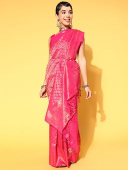 Sareemall - Silk Blend Pink Woven Design Celebrity Saree With Unstitched Blouse