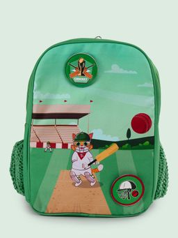 Filli & Me - Green Polyester Printed Plays Cricket School Backpack