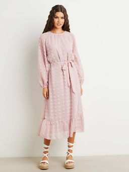 Styli - Pink Dobby Spot Self Tie Belt A-line Midi Dress (Set of 2)