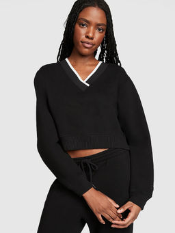 Victoria's Secret - Women Black Premium Fleece V-Neck Pullover Sweatshirt