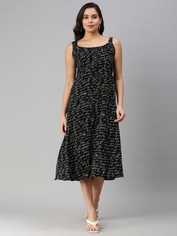 SHOWOFF - Women's Midi Typography Black Shoulder Straps Fit And Flare Dress