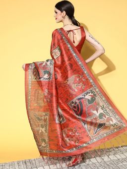 Sareemall - Manipuri Silk Red Printed Designer Saree With Unstitched Blouse
