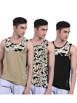 FREECULTR - Men Black & Beige Printed Cotton Innerwear Vest (Pack of 3)