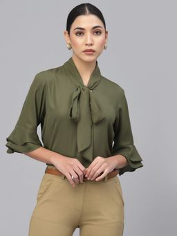 Style Quotient - Women Olive Green Tie-Up Neck Top