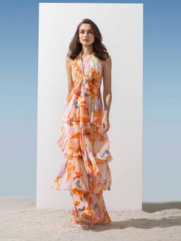 MANDIRA WIRK - Lurex Georgette Halter Tiered Dress