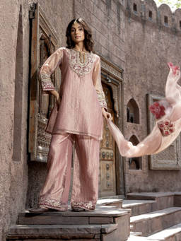 Autumnlane - Women Pink Thread Work Blended Kurta and Palazzo with Dupatta