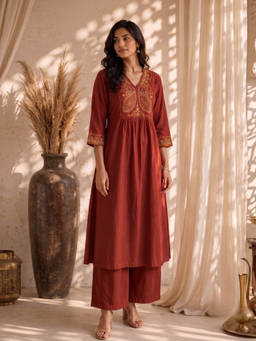Autumnlane - Rust Mishka ameth embroidery Cotton kurta With Pant