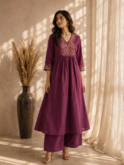 Autumnlane - Maroon Mishka caramel embroidery Cotton kurta With Pant