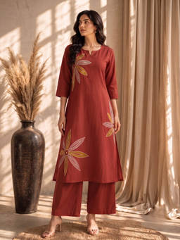 Autumnlane - Rust Mishka saffron Floral Printed Cotton kurta With Pant