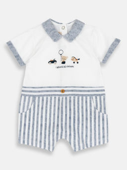 Chicco - Boys White and Light Blue Embroidered Romper