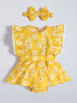 Hopscotch - Girls Yellow Floral Print Onesie with Headband