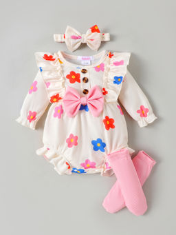 Hopscotch - Floral Bow Applique Onesie with Stockings & Headband
