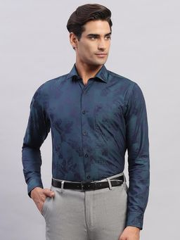 Monte Carlo - Mens Self Design Navy Blue Collared Neck Full Sleeve Shirt