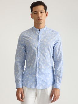Antony Morato - Men Blue Printed Band Collar Full Sleeves Shirt