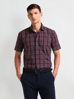 Arrow Sports - Tartan Checked Cotton Shirt Maroon