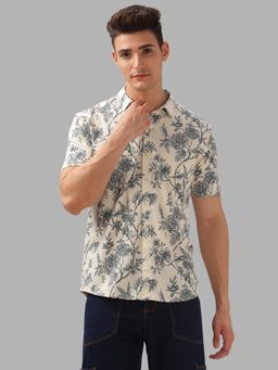 BULLMER - Cream Trendy Regular Fit Printed Causal Half Sleeve Shirt for Men