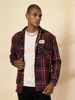 RIGO - Men Navy Orange Checks Shacket