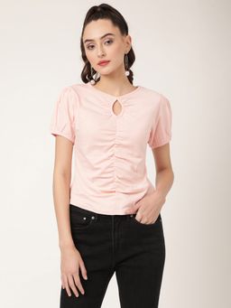 ELLE - Womens Gathered Tee with Woven Puff Sleeve
