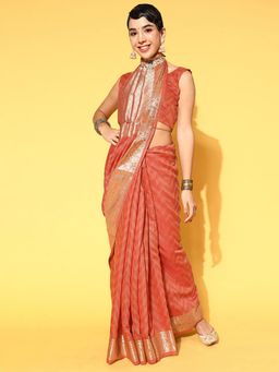 Odette - Silk Blend Rust Woven Designer Saree with Unstitched Blouse