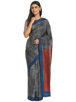 Fabindia - Navy Blue Hand Block Print Silk Saree