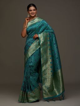 Koskii - Rama Green Zariwork Banarasi Designer Saree With Unstitched Blouse