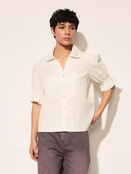 ONLY - White Embroidered Puff Sleeves Shirt