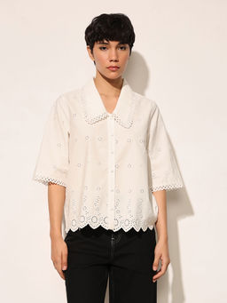 ONLY - White Schiffli Self Design Shirt