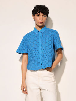 ONLY - Blue Schiffli Self Design Crop Shirt