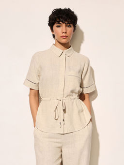 ONLY - Beige Loong Attached Tie-Belt Detail Shirt