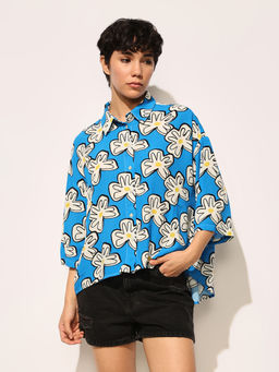 ONLY - Blue Oversized Printed Viscose Shirt