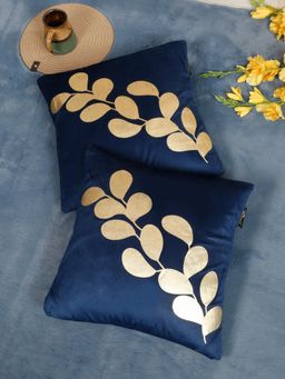 HOSTA HOMES - Soft Velvet Golden Foil Graphic Printed Cushion Covers - Navy Blue (16 x 16 Inches)