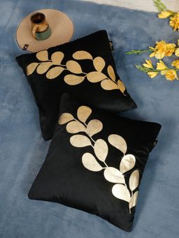 HOSTA HOMES - Soft Velvet Golden Foil Graphic Printed Cushion Covers - Black (16 x 16 Inches)