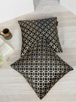 HOSTA HOMES - Soft Velvet Golden Foil Geometric Printed Cushion Covers - Black (16 x 16 Inches)