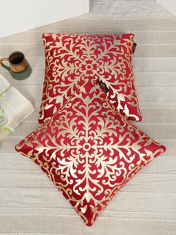 HOSTA HOMES - Soft Velvet Golden Foil Ethnic Printed Cushion Covers - Maroon (16 x 16 Inches)
