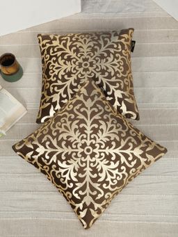 HOSTA HOMES - Soft Velvet Golden Foil Ethnic Printed Cushion Covers - Brown (16 x 16 Inches)