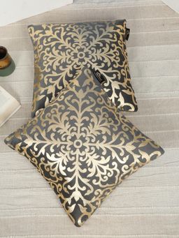 HOSTA HOMES - Soft Velvet Golden Foil Ethnic Printed Cushion Covers - Grey (16 x 16 Inches)